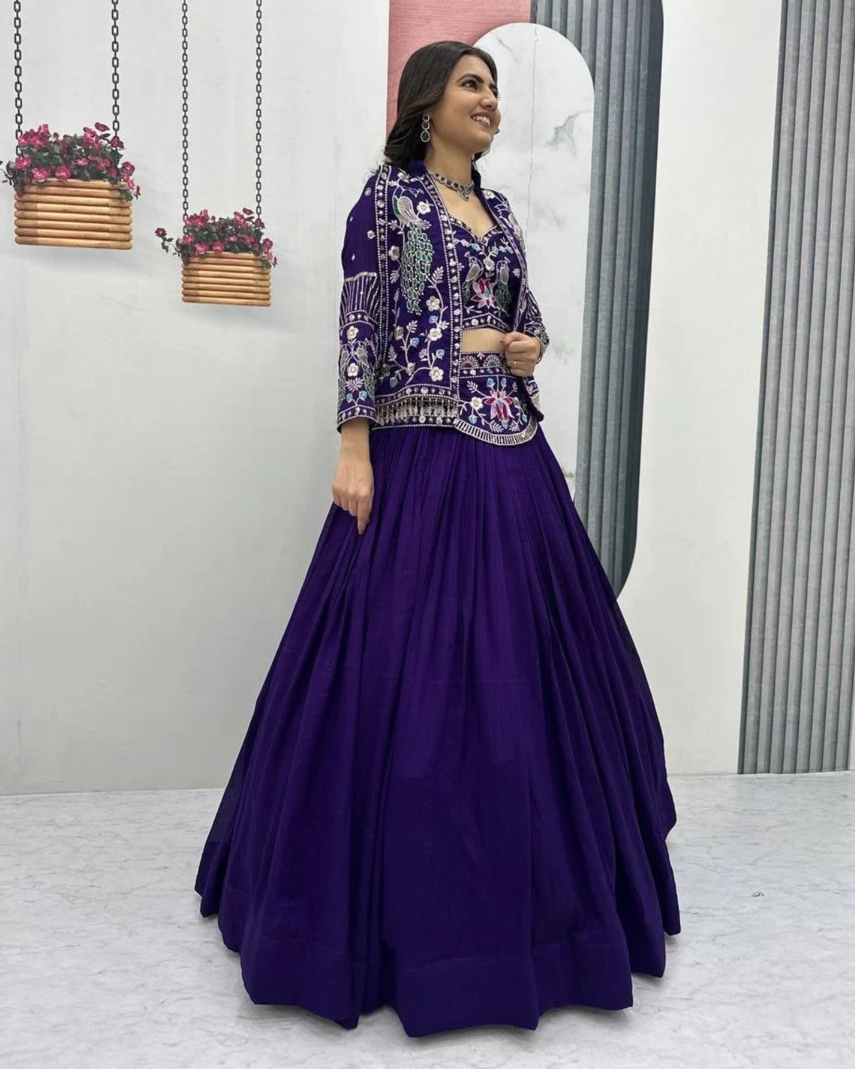 Vichitra Silk Lehenga Choli with Heavy Embroidered Jacket - Image 4