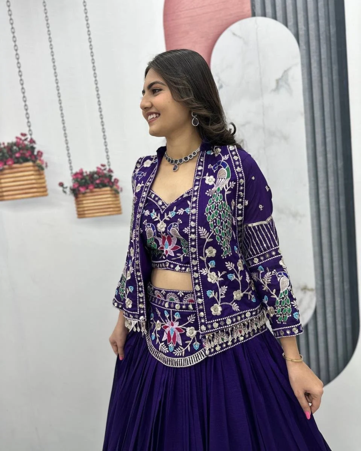 Vichitra Silk Lehenga Choli with Heavy Embroidered Jacket - Image 5