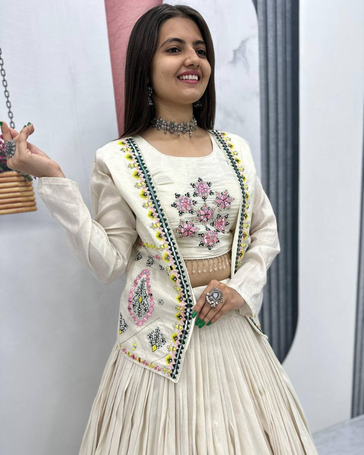 Pure Tissue Shimmer Lehenga Choli with Handwork & Diamond Work Jacket - Image 2